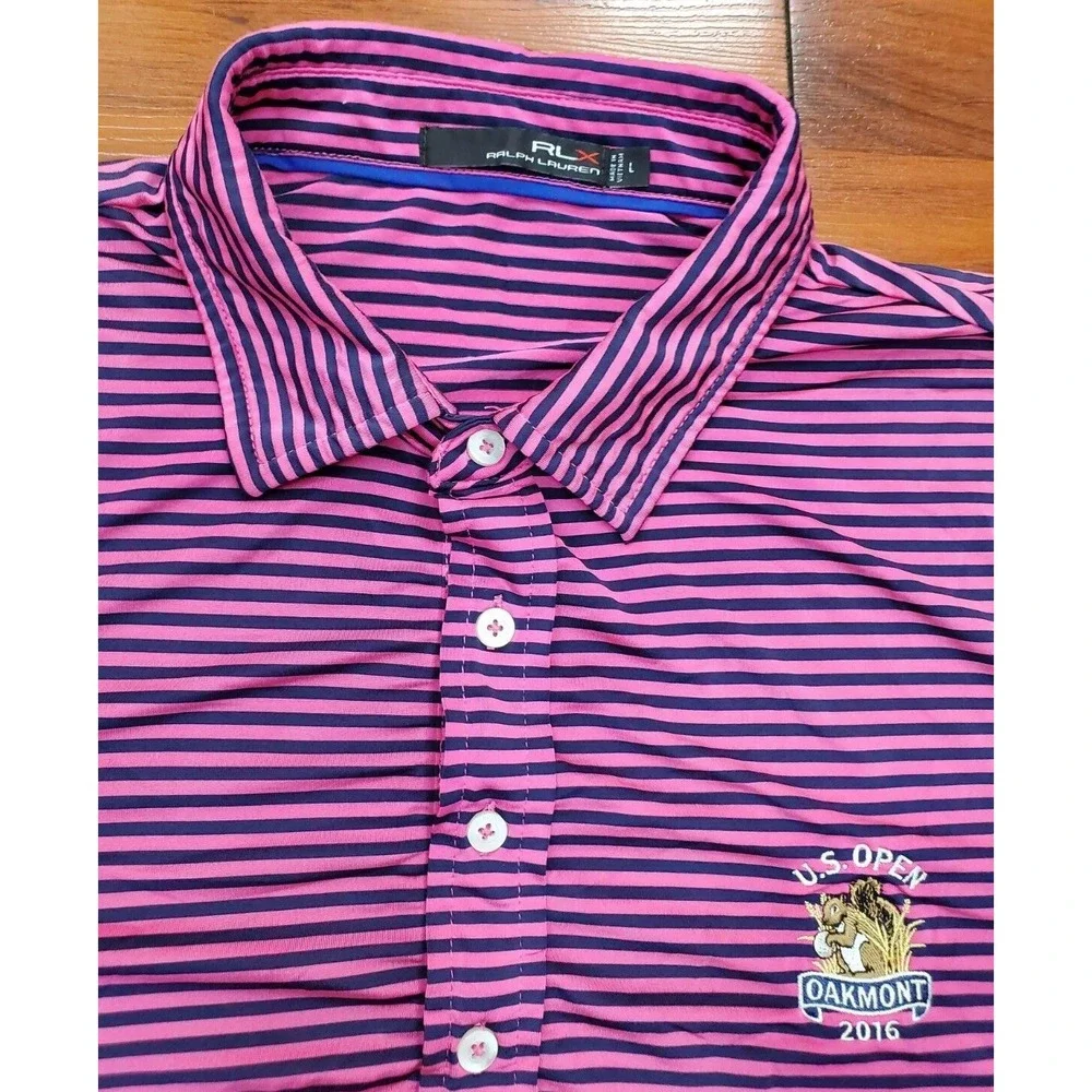 RLX Ralph Lauren Polo Shirt Men's Large Purple Striped US Open Oakmont 2016 Golf